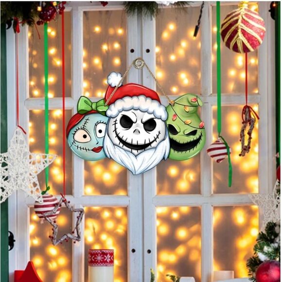 Christmas Jack Front Door Sign, Xmas Sally Green Monster Wood Door sign - Picture 3 of 6